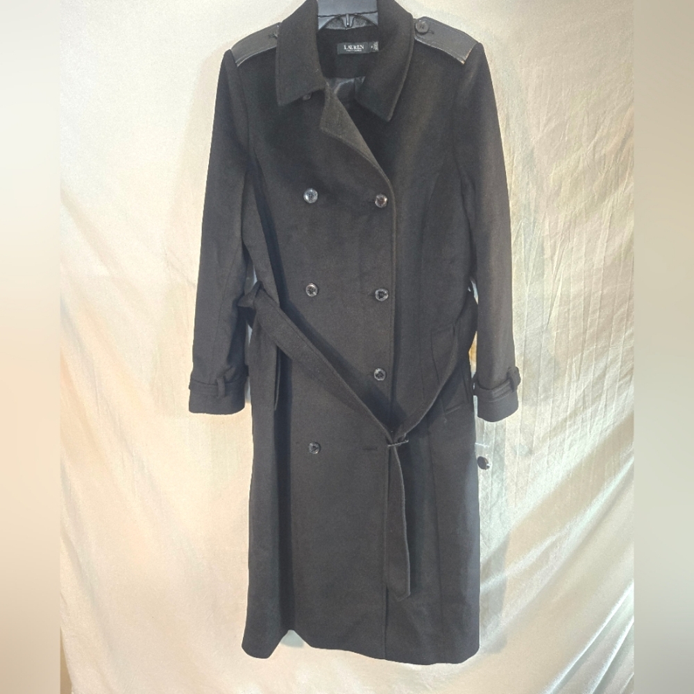 Lauren Ralph Lauren Women's 14 Black Wool-Blend Coat Leather Trim Belted NWOT
